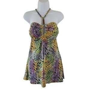 I.F. Women's Multi Polkadot Halter Beaded One Piece Swimsuit Dress Sz 14 Beachy